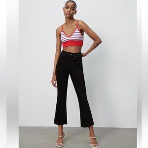 Zara high waist Dark Wash cropped flare jeans Sz 6 Raw Hem Fall